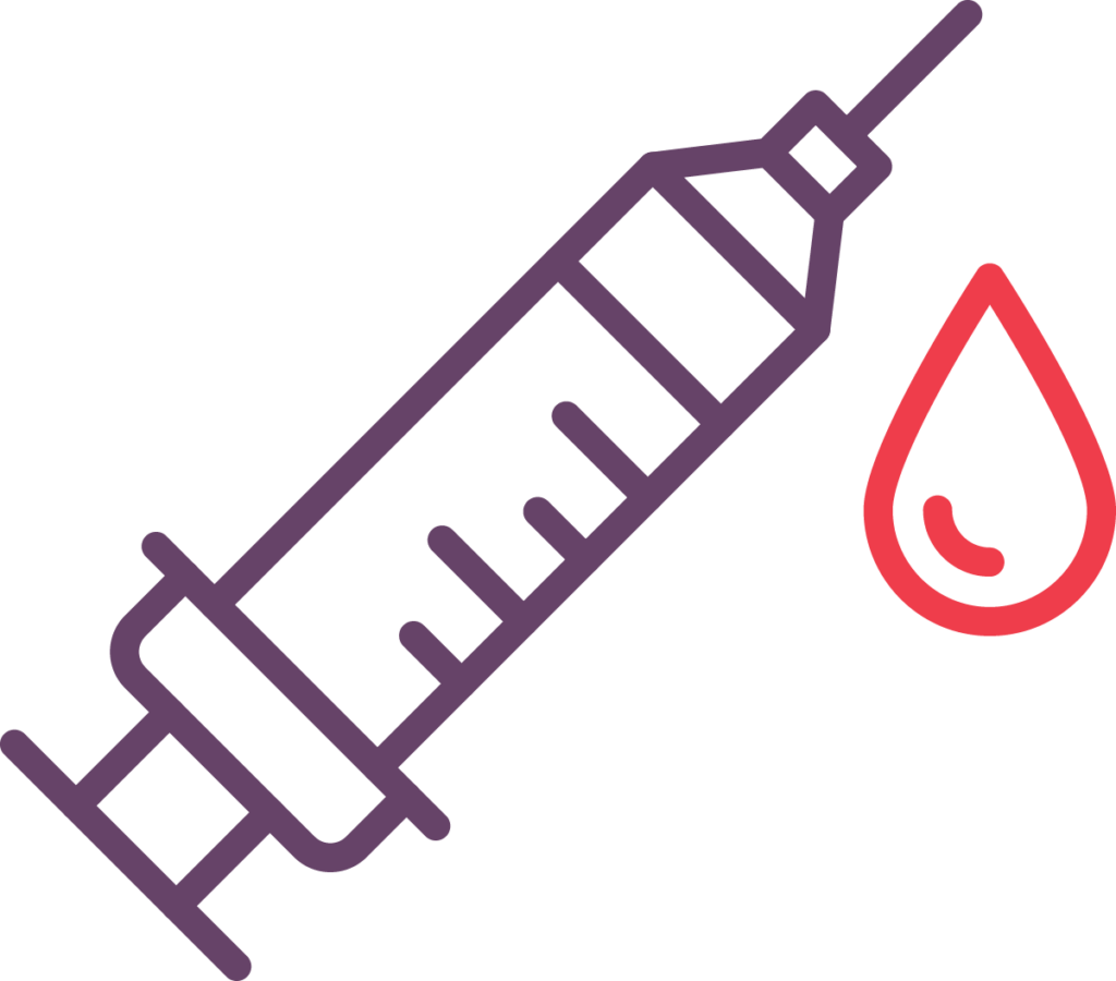 Eenvoudige lijntekening van een injectiespuit met naald en rode druppel, symbool voor bloedprikken.