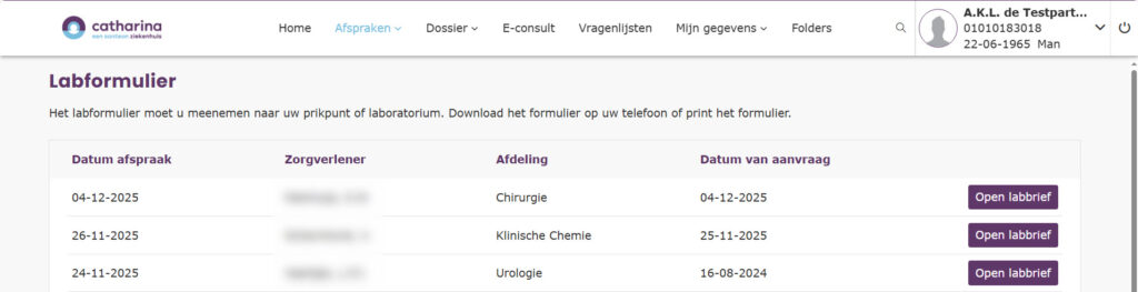 Schermafbeelding van de pagina Labformulier